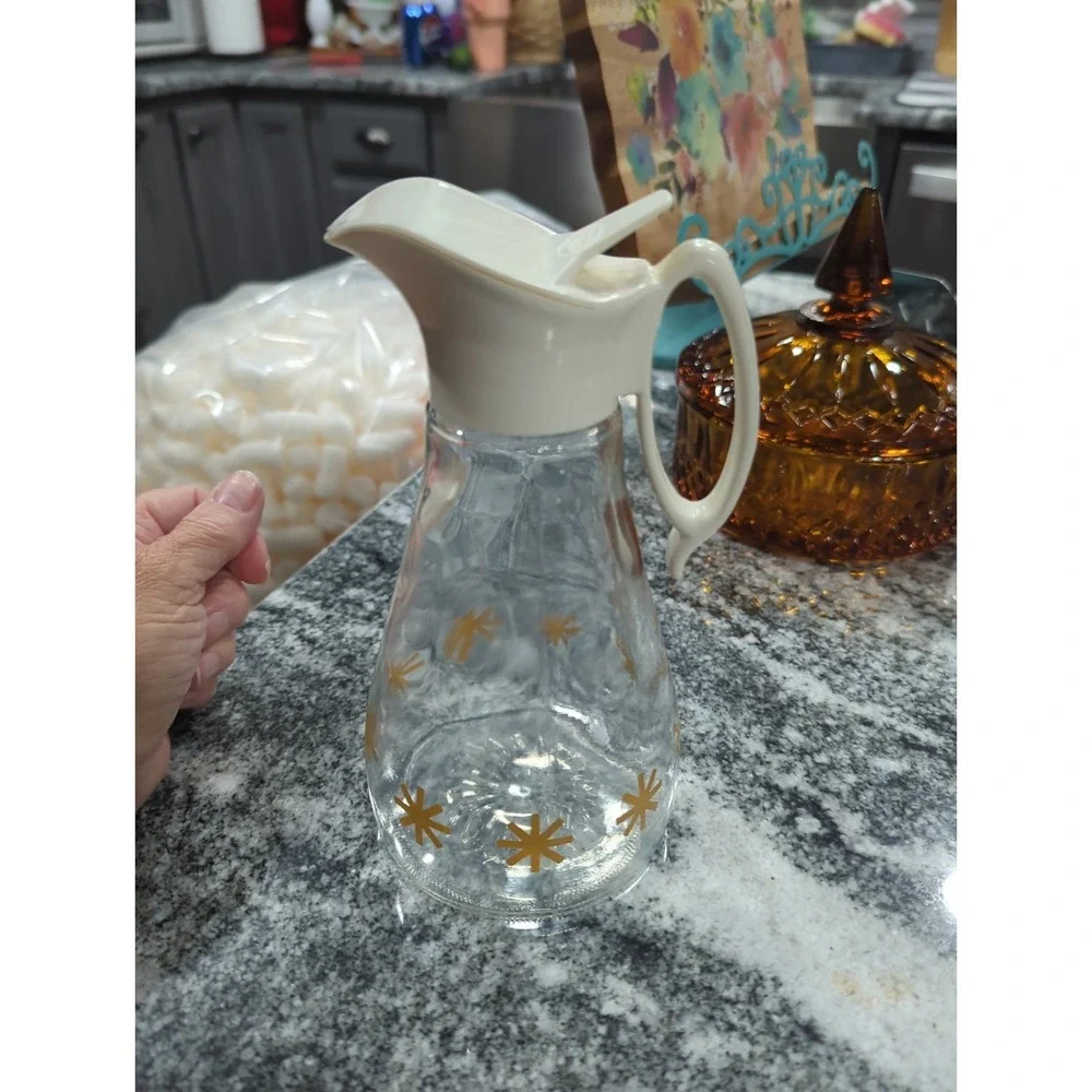 Vintage Log Cabin Syrup Pitcher Dispenser Atomic Gold Starburst MCM Glass Stars